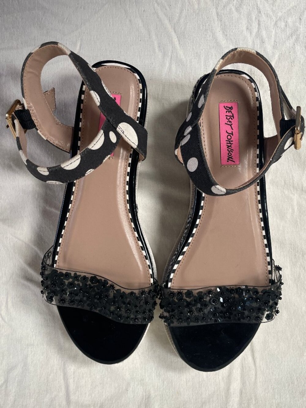 Betsey Johnson Polka Dot Black Sequin Platform Wedge Sandals Size 8.5